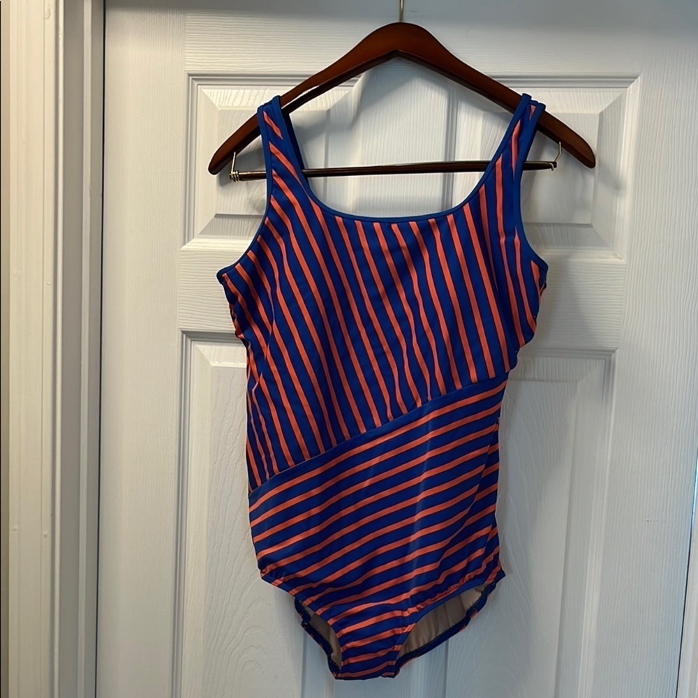 Lands’End one piece swimsuit, size 16 blue orange striped new without tags - Picture 2 of 8